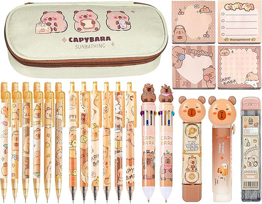 Cute Capybara School Supplies Stationery Set Kawaii Stationery Birthday Christmas Gifts Includes Eraser Mechanical Pencils Erasers Correction Tape Pencil Holder Gel Pens,for Office School Supplies
