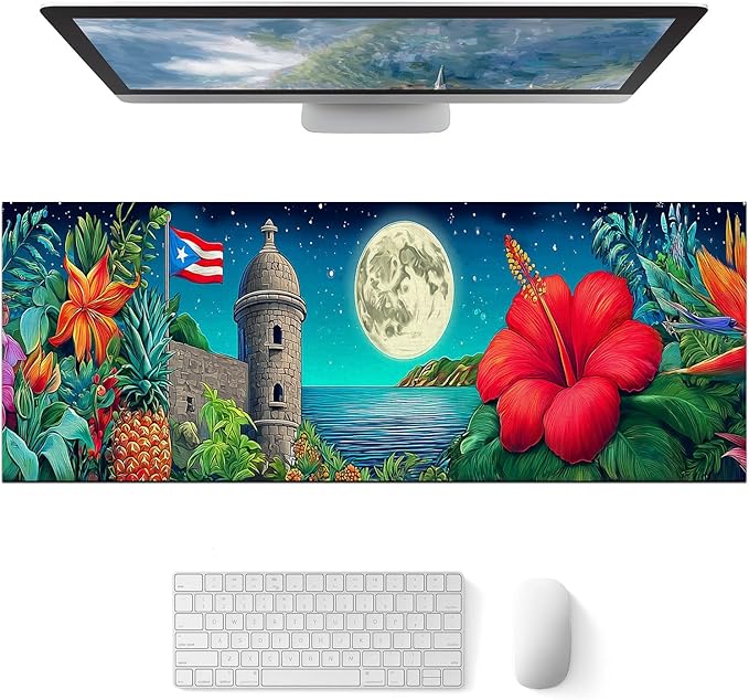 Large Mouse Pad Gaming Mousepad 31.5 x 11.8 Inch Keyboard Desktop Mat Diatomite XL Mouse Pad for Home and Office Desk Accessories with Tropical Coast Moonlight Floral Artwork