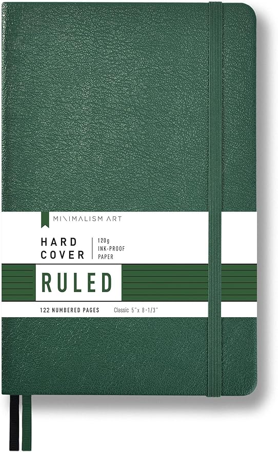 Minimalism Art, Premium Hard Cover Notebook Journal, Classic 5" x 8.3", 122 Numbered Pages, Gusseted Pocket, Ribbon Bookmark, Extra Thick Ink-Proof Paper 120gsm, San Francisco (Ruled, Green)