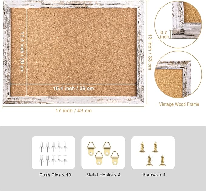 Cork Board Bulletin Board, Decorative Hanging Framed Cork Boards for Walls, Pin Board Vision Board for School Home Kitchen and Office, Bulletin Board with White Wood Frame (4333,WH,2pc)