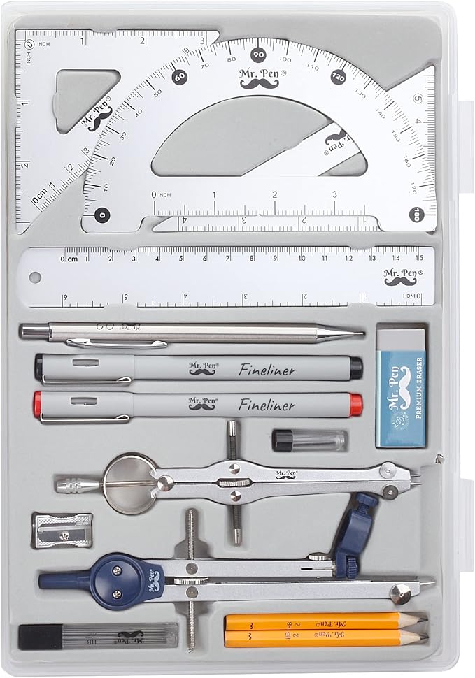Mr. Pen- Professional Geometry Set, 15 pcs, Geometry Kit for Artists and Students, Geometry Set, Metal Rulers and Compasses, Drawing Tools, Drafting Supplies, Drafting Set, Drafting Tools and Kits
