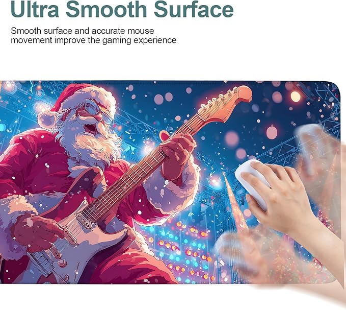 Santa Claus Guitar Extended Gaming Mouse Pad 35.4 x 15.7 Inch – Festive Desk Mat for Gaming, Holiday Work, and Home Office, with Non-Slip Rubber Base and Stitched Edges