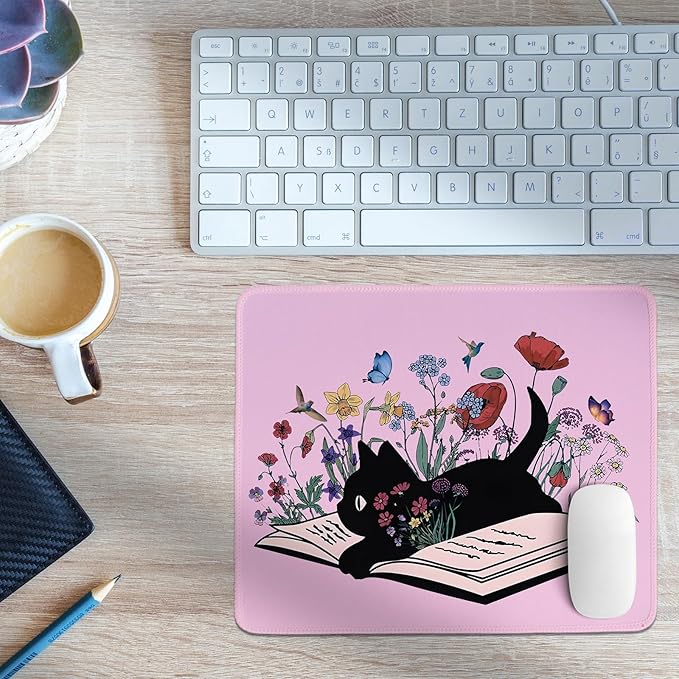 Kawaii Mouse Pads,Cute Black Cat Mouse Pad,Girly Pink Floral Desk Mat for Home Office Dorm Desktop Decor,Cat Lover Gift,10.2x8.2 Inch