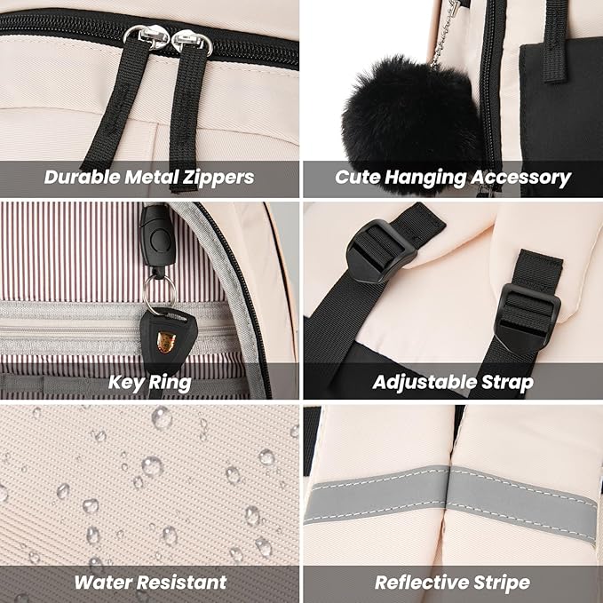 School Backpack for Teen Girls, Cute College Backpacks for Women Students Aesthetic Bookbag Large 15.6 Inch Laptop Bag Middle School Travel Back Pack (Black Beige)