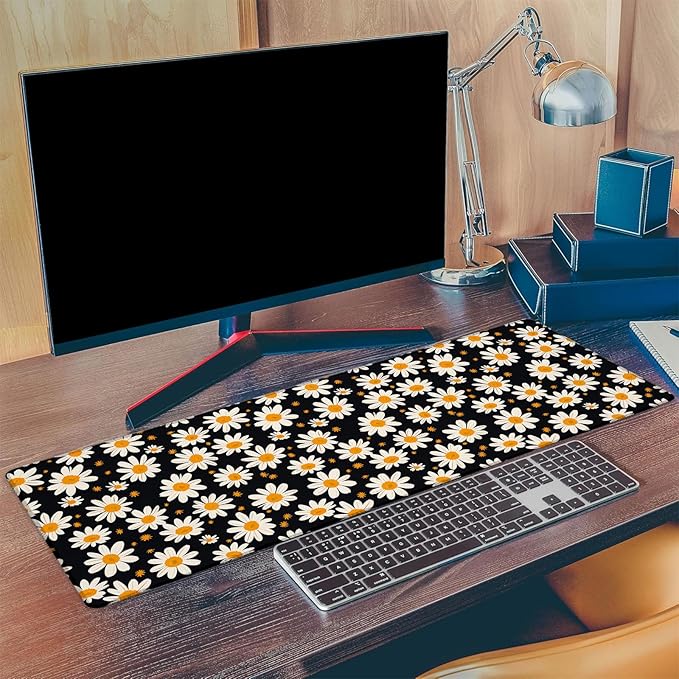 Retro Daisy Gaming Mouse Pad, Extended White Daisies Floral Desk Mat Computer Laptop Mousepad, Robust Stitched Edges, 31.5"×11.8" Large Office Keyboard Mouse Pads for Home Desktop Decor