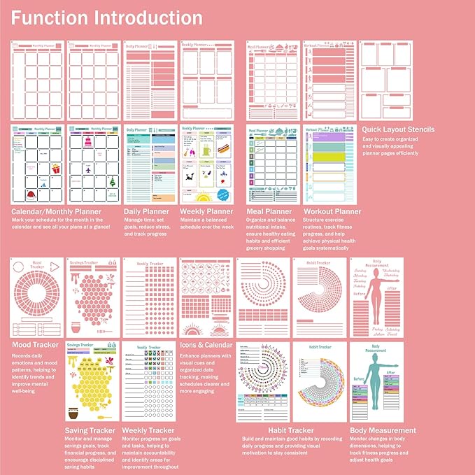 Journal Stencils, 14 PCS A5 Plastic Reusable Multi-Functional Tracker & Planner Stencils for Dotted Journals, Easily to Track Your Daily Life and Create Custom Layout for Dot Journal Notebook