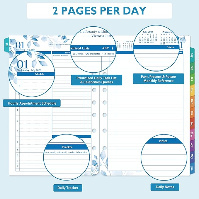 2026-2027 Planner Refills – July 2026 - June 2027, Daily Planner Refills 2026-2027, Two Pages Per Day Daily & Monthly Planner Inserts, 8.38" x 5.51", Ring-Bound with Tabs