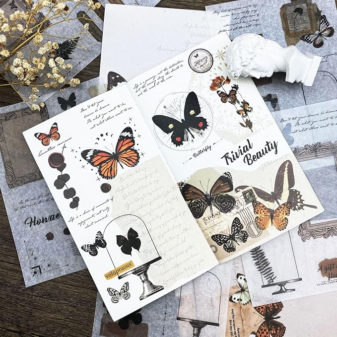 Sticker Book for Adults, 180pcs Vintage Washi Stickers for Journaling and 20 Sheets Adhesive Scrapbook Papers for Scrapbooking Aesthetic Butterfly Scrapboook Stickers for Bullet Junk Journal Supplies