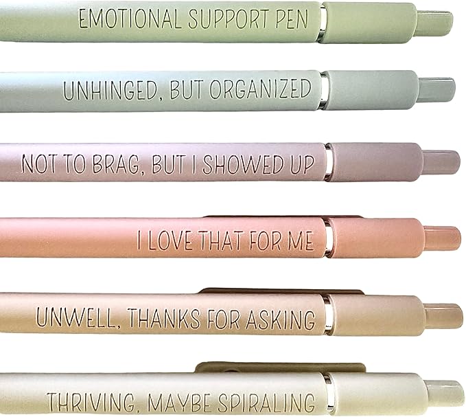 6-Pen Set | Unhinged But High-Functioning Engraved Soft-Touch Gel Pens｜Snarky Sarcastic Emotional Support Pens｜Office Supplies (Silver Pastel)