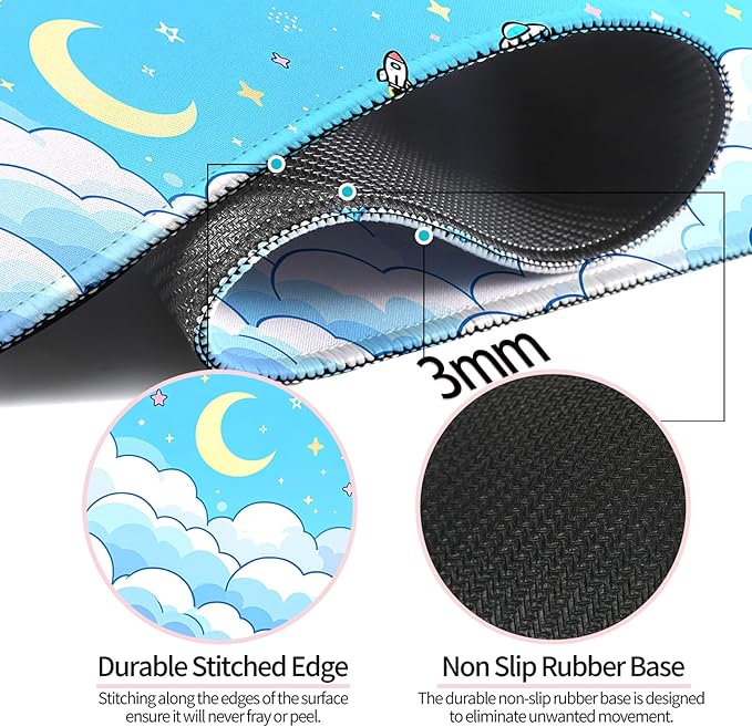 Minimalist Blue Gradient Clouds XL Large Desk Mat, Extended Long Star and Moon Desk Pad for Gaming and Office, Non-Slip Rubber Base, Comfortable Surface Sky Mouse Pad, 31.5x11.8 in