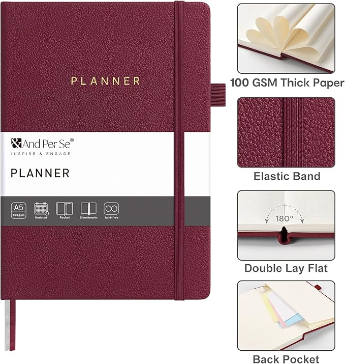 And Per Se Undated Planner – A5 Leather Hardcover Weekly & Monthly Goal Planner for 72 Weeks (1.5 Years) – with Goal & Habit Tracker (Dark Red)