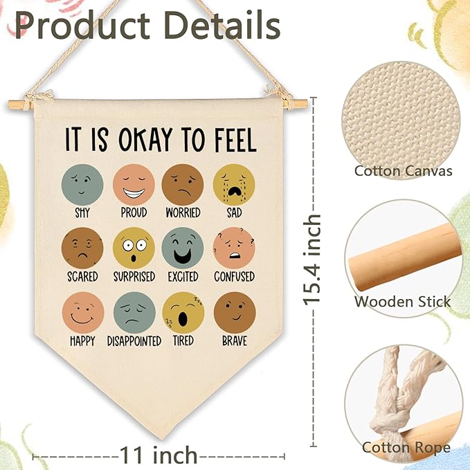 It Is Okay to Feel-Classroom Wall Decor-Teacher Gifts-Canvas Hanging Pennant Flag Banner Wall Sign Decor for Nursery Reading Room-Positive Growth Mindset Mental Health Quotes for Baby Kids Girl Boy
