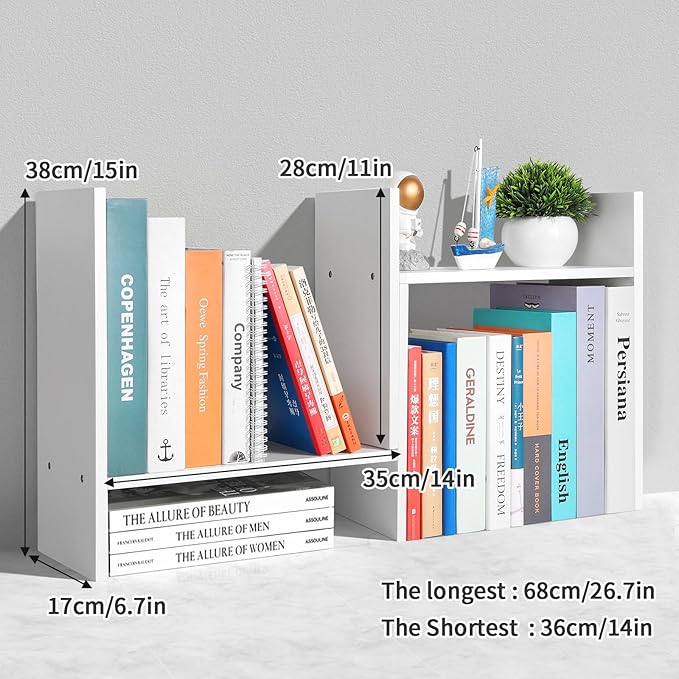 Desktop Shelf Organizer - Adjustable Wood Desktop Bookshelf, Table Top Shelves, Desk Book Organizer for Office Supplies and Home Décor (White)