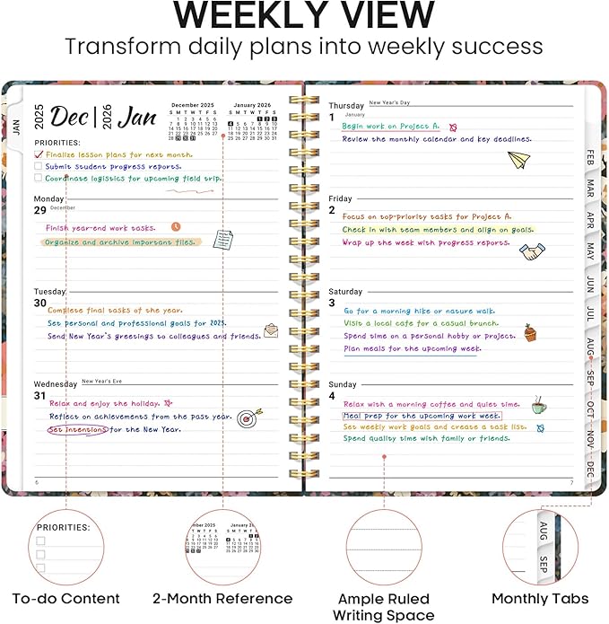 2026 Planner, Weekly and Monthly Calendar Planner Book, January 2026 - December 2026, Hardcover Spiral Planner with Monthly Tabs, Notes Pages, Perfect for Women & Men, A5 (6.4" x 8.5") - Flower