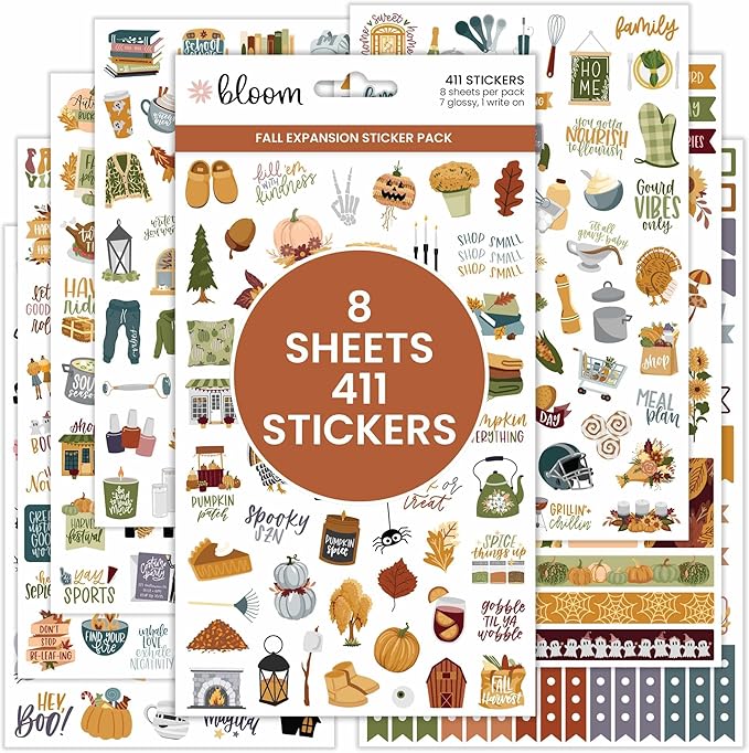 bloom daily planners Fall Expansion Sticker Pack - 8 Sheets / 411 Stickers - Autumn Harvest Variety Pack with Halloween & Thanksgiving - Planner Stickers for Calendar Decorating & Scrapbooking