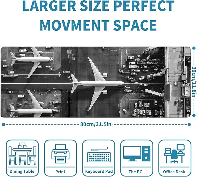 Extended Gaming Mouse Pad with Aircraft Airport Design - Large, Thick Rubber Desk Mat with Precision Locking Edge, Washable & Non-Slip Surface for Computer, Esports - Ideal Gift 31.5x11.8 in