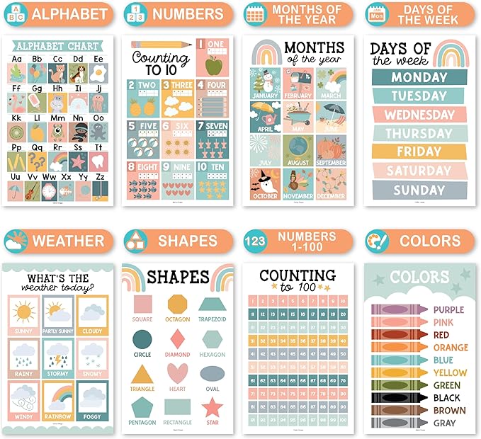 Hadley Designs 16 Educational Posters for Classroom Decor - Learning Posters for Toddlers 1-3, Alphabet for Classroom Wall, Daycare Essentials, Homeschool Posters Preschool, Boho Playroom Decor