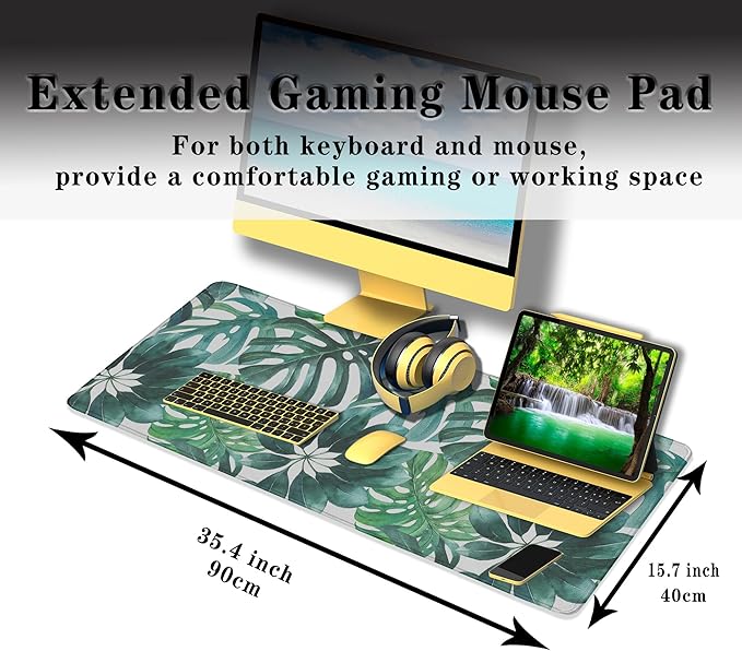 Large Mouse Pad Green Desktop Mat, Gaming Mouse Pads Computer Mats, Full Desk Mat Waterproof Non-Slip Rubber Base, 35.4 X 15.7 inch for Work/Game/Office/Home Watercolor Tropical Leaves Art
