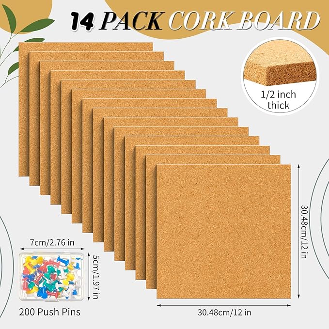Reginary 19 Cork Board Tiles 12 x 12 in 0.5 in Thick Square Bulletin Boards Cork Tiles Bulk with Push Pins Mini Natural Self Adhesive Backing Corkboards for Wall Home Office Floor DIY(14 Pcs)