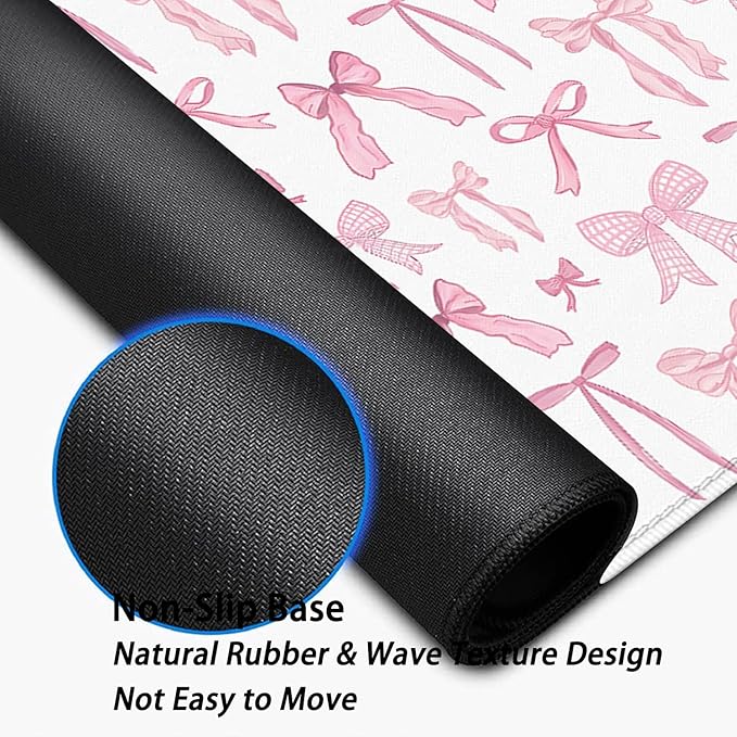 Pink Bow Desk Pad Mouse Pad,Large XL Mouse Mat with Stitched Edges,Non-Slip Rubber Base Mousepad for Office PC Keyboard Laptop and Home Work Desk Mat(31.5X11.8 in)