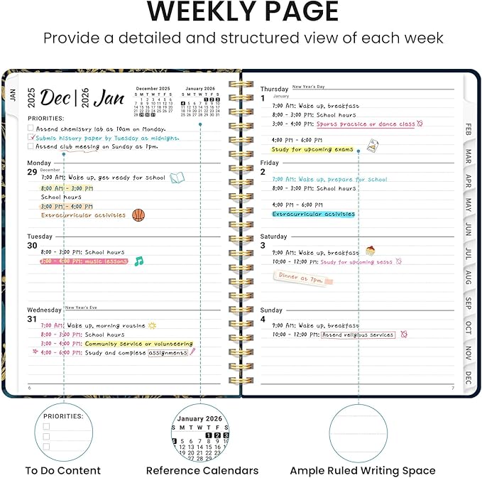 2026 Planner, Weekly and Monthly Calendar Planner for Women, Jan 2026 - Dec 2026, Hardcover Planning Agenda book with Tabs, Spiral Bound, Inner Pocket, Perfect for School Office Supplies, 6.3" x 8.5" - Golden Elegance