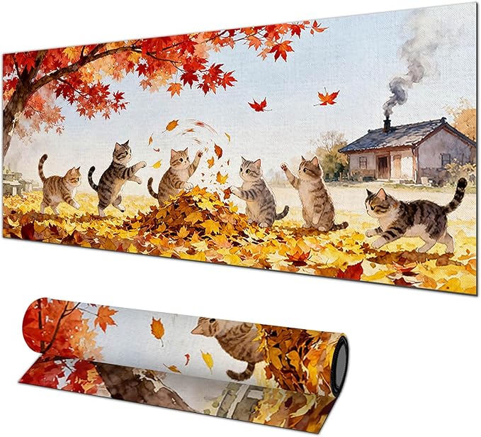 Cat XL Mouse Pad 31.5 x 11.8 Inch Gaming Mousepad Diatomite Large Keyboard Mouse Pad for Home and Office Desk Accessories with Autumn Leaves Kittens Illustration Featuring Stable Base