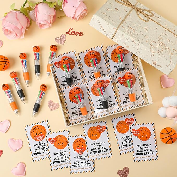 Colarr 24 Set Basketball Valentines Gifts Multicolor Pens with Positive Cards for Valentines Day Party Favors Classroom Prizes Students Basketball Team Goodie Bags Stuffers 4 in 1 Ballpoint Pens