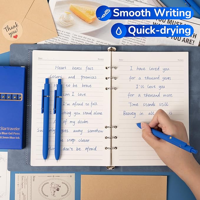 6 Pcs Blue Ink Pens for Journaling 0.5mm Fine Point Blue Gel Ink Pens, Smooth Writing Quick Dry Pens for Note Taking, Gift Set for Women & Men (6 Pcs Blue Gold)