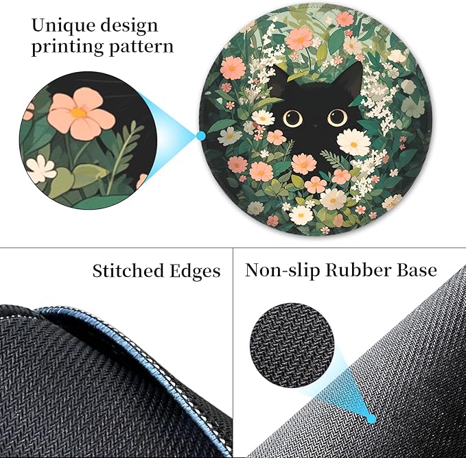 Black Cat Mouse Pad, Cute Mouse Pads for Wireless Mouse Desk Accessories, Small Funny Mousepad with Non-Slip Rubber Base, Travel Mouse Mat for Laptop Computer Work Office Supplies Decor