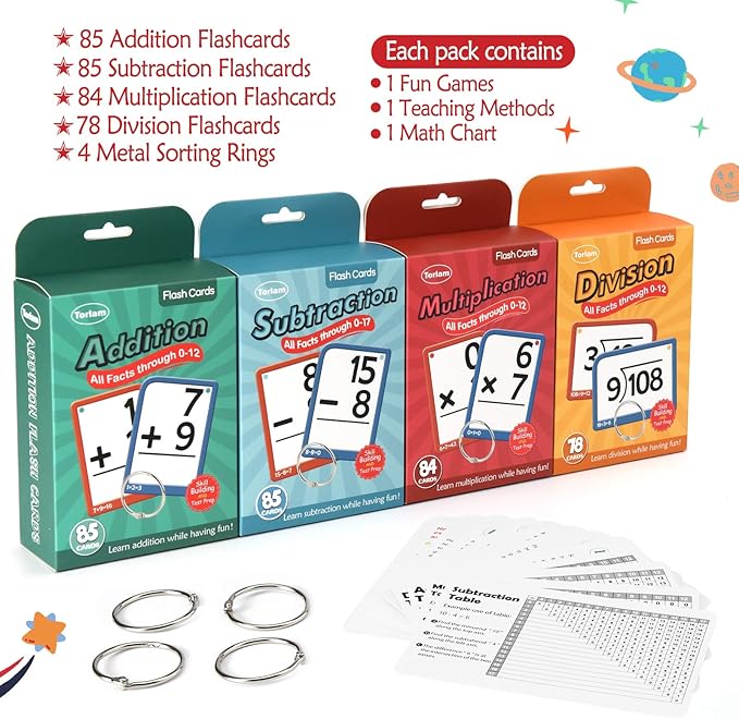Torlam Multi Math Flash Cards for Kids Ages 4-8 - Addition, Subtraction, Multiplication, & Division - All Facts 0-12 with 4 Rings, Math Games for Kids 6-8 3rd 4th 5th 6th Grade - 332 Cards Total