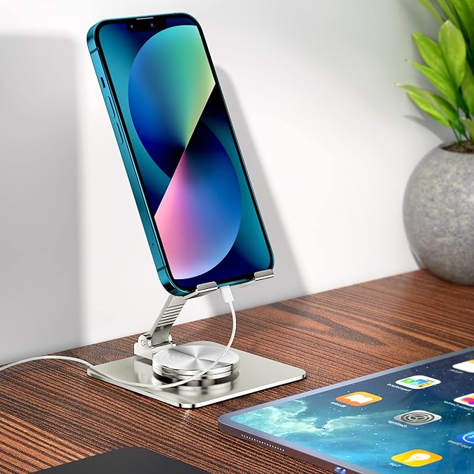Rotatable Foldable Phone Stand for Desk, Fully Adjustable Desktop Holder Cradle Dock Compatible with iPhone 14 13 12 11 Pro Max Xr, Nintendo Switch, Tablets, All Phones(Silver)