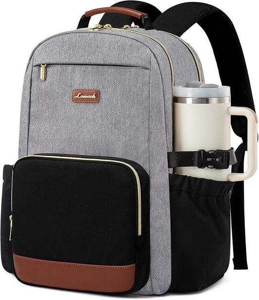 LOVEVOOK Laptop Backpack for Women with Pouch Pocket for Large Capacity Cup,17 Inch Teacher Nurse College Work Backpack Purse,Waterproof Laptop Bag Computer Back Pack for Travel, Grey-Black-Brown