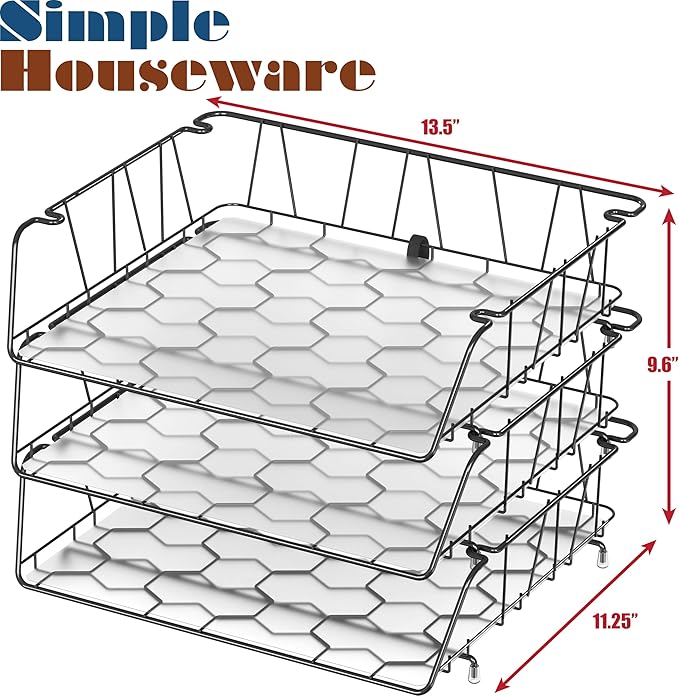 SimpleHouseware Stackable Wide Entry Desk File Document Letter Tray with Liner, Wire Grid, 3 Packs, Black