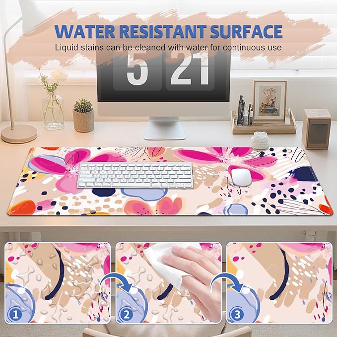 Desk Pad Mouse Pad, Large Gaming Mouse Mat with Stitched Edges, Non-Slip Waterproof Rubber Base Mous Mat for Office Computer Keyboard Laptop Home Decor Women (35.4X17.5 in), Apricot Magenta Flower