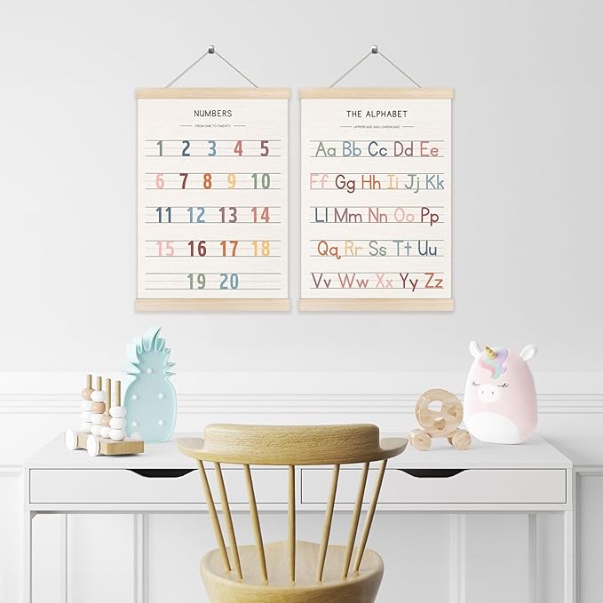 Koesus Numbers and Alphabet Wall Art Poster Hanger Frame 12x16 Inch Set of 2, Educational Learning Canvas Pictures Prints Framed Wall Decor for Classroom Toddler Kids Nursery Bedroom Playroom