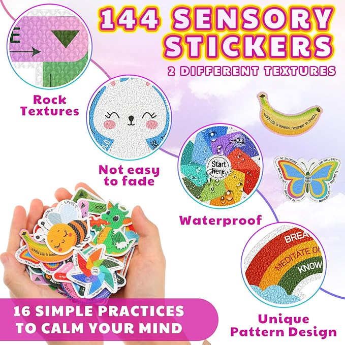 144 Pcs Calm Anxiety Sensory Stickers Textured Sensory Strips Stickers Mindfulness Relief Mental Health Rainbow Apple Animals Anxiety Relief for Adults Office Desk Supply