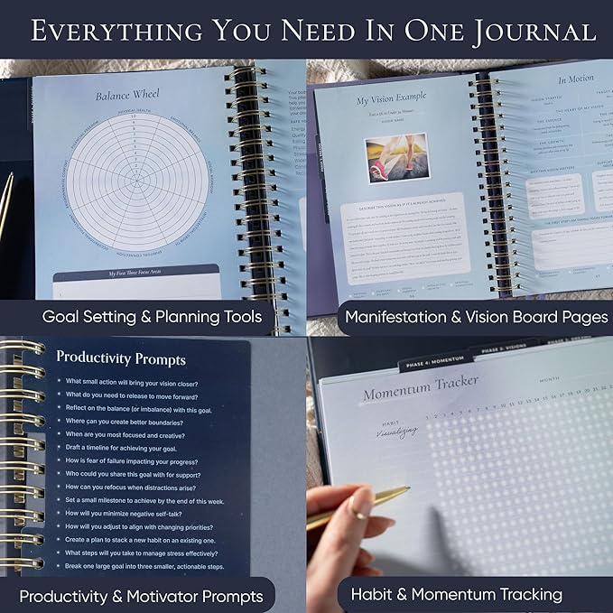 Manifestation Journal & Vision Board Kit Guided Journal | Habit Tracker & Goal Planner, Self Care & Reflection Tools | Undated Vegan Leather Hardcover | Visions in Motion Portable Vision Board (Navy)