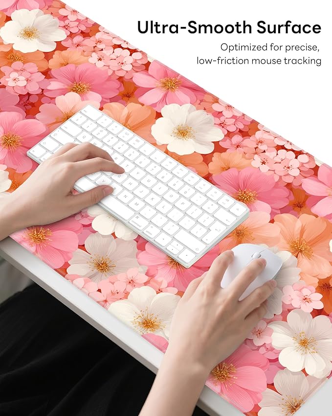 XL Gaming Mouse Pad, 31.5x17.5'' Large Desk Mat with Anti-Slip Rubber Base & Stitched Edges for Gaming, Office, Home - Floral