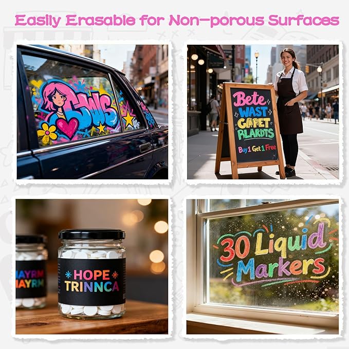 Chalk Markers - 30 Washable Liquid Chalk Markers for Blackboard,Window Markers Paint Pens with Reversible Tip, Chalk Markers for Chalkboard Signs, Teachers, Windows, Glass, Calendar, Menu