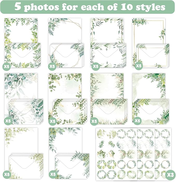 160 Packs Stationery Paper Set (50 Single-Sided Stationery Writing Papers 50 Matching Envelopes) 60 Round Dot Sticker, 10 Design Green Letter Paper Vintage Stationary Stes,5.5 x 8.25 Inch.