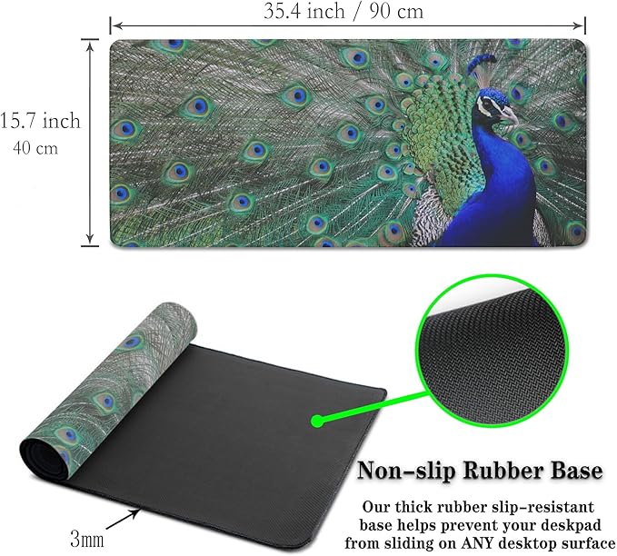 Computer Mat Blue mats, Large Mousepads Keyboard Mouse Pad, Chic Office Desk Accessories Non-Slip Rubber Base Waterproof with Stitched Edges, 35.4 X 15.7 inch for Work/Game/Office Peacock