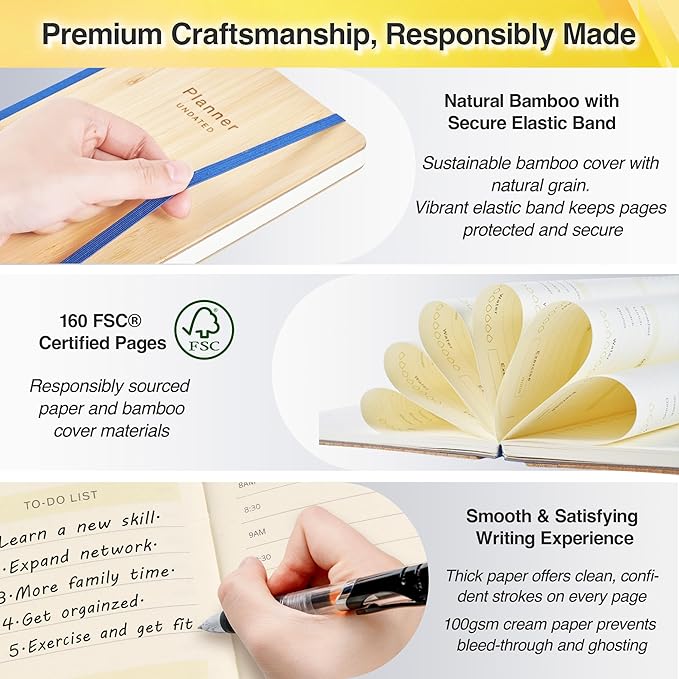 Bamboo Cover Undated Portable Planner Notebook – Daily, Weekly & Monthly Organizer, Lay-Flat A5 (5.7” × 8.3”), 100 GSM Paper, 160 Pages, 4-Month Layout (Green)