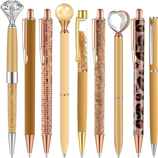 Janmini 9 Pcs Ballpoint Pens Set Metal Crystal Diamond Glitter Pens for Journaling Black Ink Pretty Cute Things Fancy Stationery Gifts for Women Girls Birthday Home Office Desk(Brown)