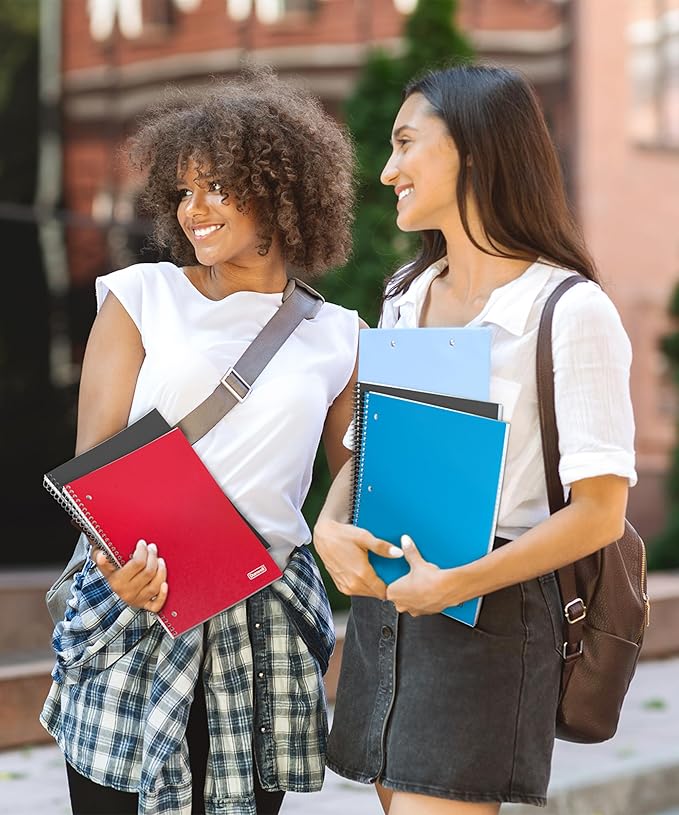 Dunwell 1 Subject College Ruled Notebooks, (3-Pack, Red, Blue, Black) Spiral Notebooks 8.5 x 11, Plastic Covers, Poly Pocket Dividers, 100 Sheets (200 Pages), 3-Hole Punched Perforated Paper