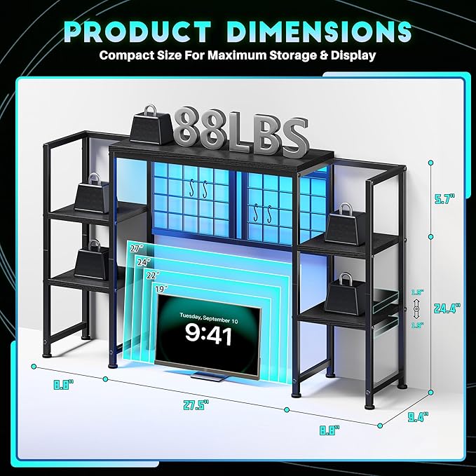 REIBII Desk Shelf with LED Light Strip,Adjustable 45.1" Desk Hutch Dorm with 5 Tier Display Shelf Rack,Desktop Bookshelf with Grid Panel & Hooks for Home, Office and Dorm, Black