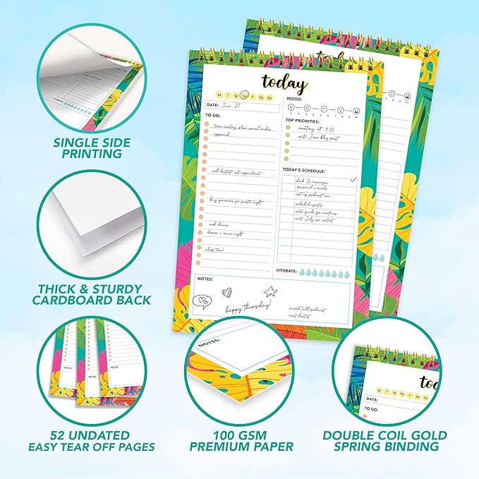 Decorably 52 Sheets Vibrant Forest Undated Daily Planner Notepad Tear Off, 6.5x10in Spring-Bound Daily to Do List to Do Pad, Priorities, Habit Tracker, Mood, Water Intake, Notes