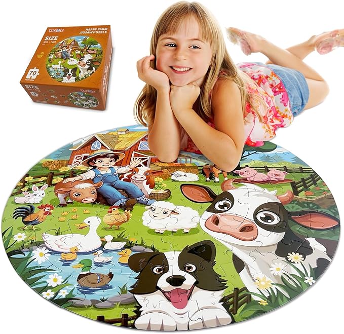 Puzzles for Kids Ages 4-6, 70 Piece Round Floor Puzzles for Kids Ages 3-5 with Animals & Barn, Popular Educational Toys & Gift for 3 4 5 6 7 8 9 10
