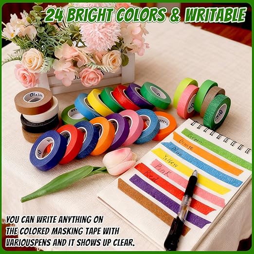 24 Rolls Bulk Colored Masking Tape for Art, 0.6 inch x 720 Yards for Crafts, Labeling, DIY Decorative, colored painters tape, Rainbow Colors Tape for General Use Projects, Easy Tear No Residue