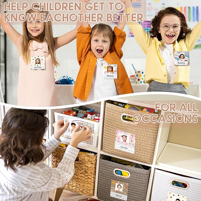 42pcs Rainbow Desk Name Tags Boho Kids Photo Nameplates for Desk Morandi Student Name Plates for Classroom Kindergarten Labels Stickers with Photo Self Adhesive Colorful Classroom Decoration