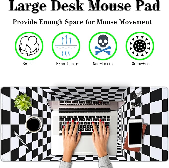 Desk Mouse Pad Black and White Pad for Table, XXL Mouse Pads Gaming Pad, Gaming Keyboard and Mouse Pad Waterproof Non-Slip Rubber Base, 35.4 X 15.7 inch for Work/Game/Office/Home Checkered